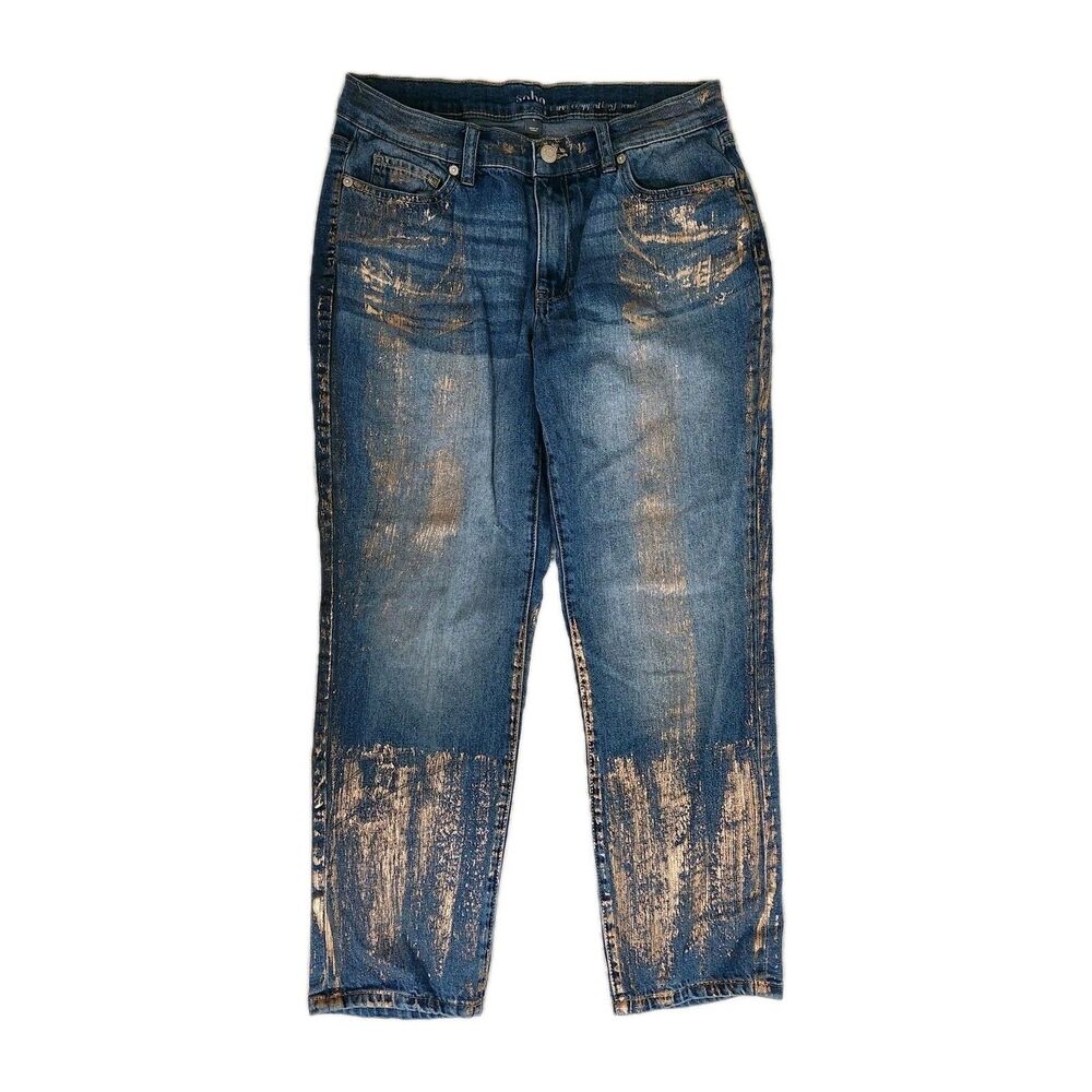 Soho NY&C Women Denim Curvy Cropped Boyfriend Jeans Size 8 Gold Foil Accents